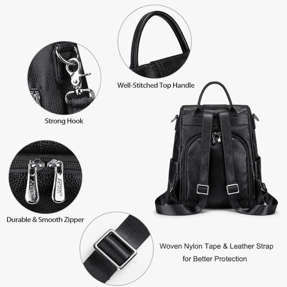 Women's Black Faux Leather Convertible Shoulder Bag Backpack